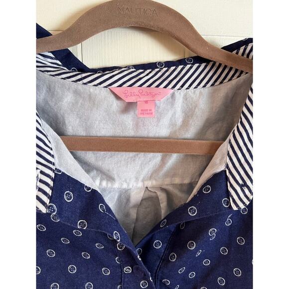 Lilly Pulitzer Davie Navy Blue White Button Print Tie Waist Shirt Dress Size 16 - Picture 5 of 6